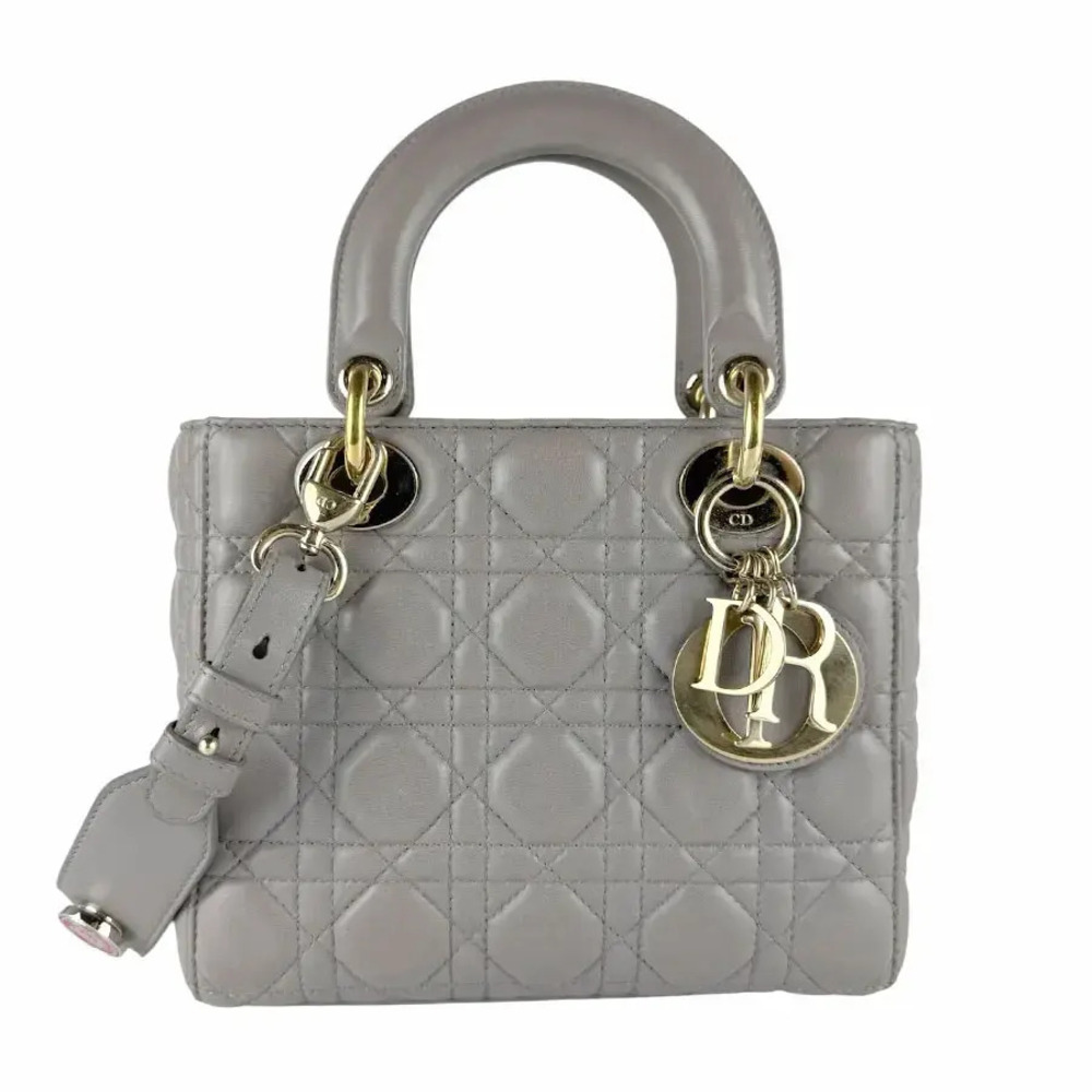 Christian Dior Lambskin 2Way Shoulder Bag Gold Gray
